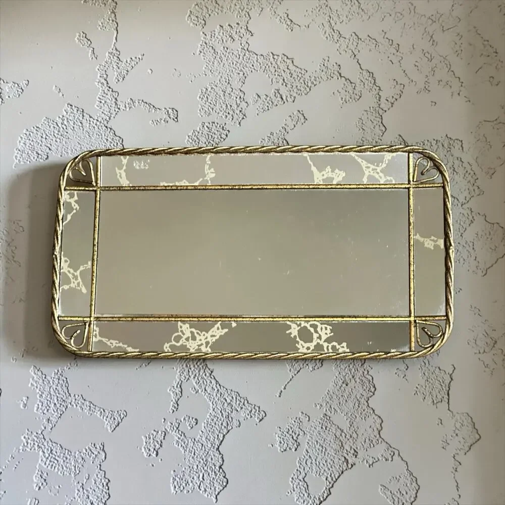 Homco Gold Tone Twisted Metal Frame Mirror Hanging or Table Top Vanity Tray Vtg